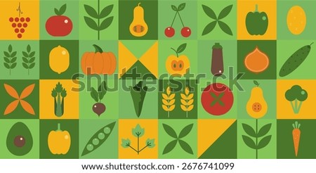 Flat vector illustration with geometric icons of fresh fruits and vegetables, organic food, farming, agriculture, healthy eating, eco lifestyle and natural product design.
