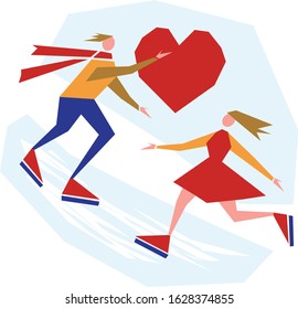 Flat vector illustration in geometric style. Young skating boy in love presents big red heart to girl on skating ice. 