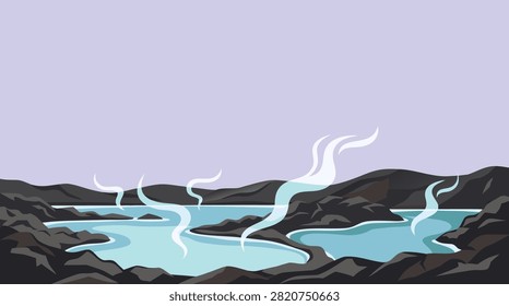 A flat vector illustration of a geothermal hot spring landscape with steaming blue pools surrounded by dark volcanic rocks under a pale sky.