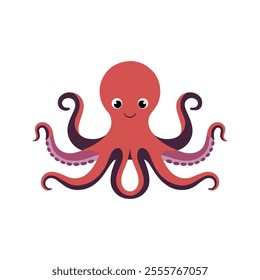 Flat vector illustration of a Giant Pacific octopus with eight smooth, stylized tentacles, red and purple tones, simple design, plain white background