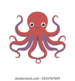 Flat vector illustration of a Giant Pacific octopus with eight smooth, stylized tentacles, red and purple tones, simple design, plain white background