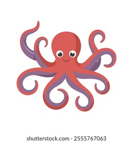 Flat vector illustration of a Giant Pacific octopus with eight smooth, stylized tentacles, red and purple tones, simple design, plain white background