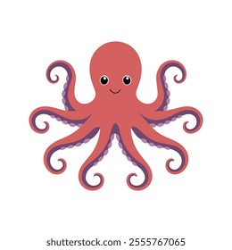 Flat vector illustration of a Giant Pacific octopus with eight smooth, stylized tentacles, red and purple tones, simple design, plain white background