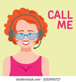 Flat Vector Illustration. Ginger Woman in Glasses with Microphone. Call center operator.