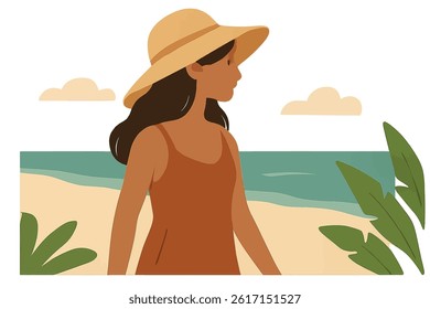 Flat vector illustration of a girl at the beach featuring natural colors