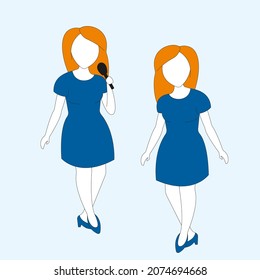 Flat vector illustration Girl in blue dress with orange hair 