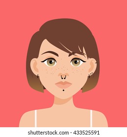 Flat vector illustration of a girl with brown eyes, freckles and brown ombre hair. Full lips, thick eyebrows and black piercing included. Icon on a red background.