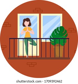 Flat vector illustration: girl doing yoga on the balcony.