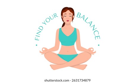 Flat vector illustration of girl doing yoga pose in minimal style. International Yoga Day concept. Meditation, calm and healthy lifestyle for poster or social