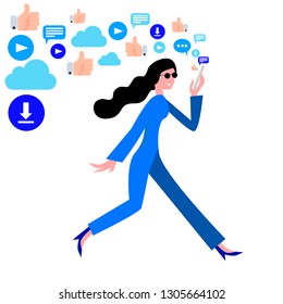 Flat vector illustration of a girl dressed in white who looks at her mobile phone while walking