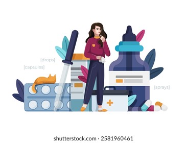 A flat vector illustration of a girl with the flu, surrounded by medical products, including a pill blister pack, a dropper bottle, and a pill container, with decorative leaves on a white background