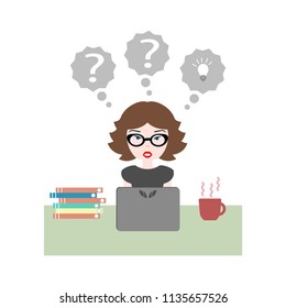 

flat vector illustration of girl in glasses sitting at work at desk with laptop computer with books and folders and with cup of coffee thinking about business and coming up with ideas on white 