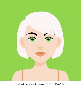 Flat vector illustration of a girl with green eyes and white hair. Soft lips, thick black eyebrows and golden piercing included. Icon on a green background.