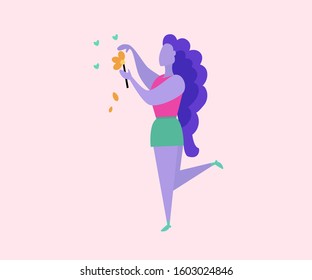 Flat Vector Illustration . The Girl Has Bought Flowers For Valentine's Day . Use This Banner To Understand Feelings  That You Got 