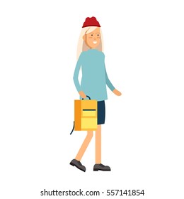 Flat vector illustration girl having a coffee and walking. Young woman wear modern clothes. Stylish look of girl isolated in white background.