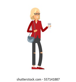 Flat vector illustration girl having a coffee and walking. Young woman wear modern clothes. Stylish look of girl isolated in white background.