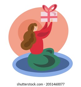 Flat vector illustration of a girl holding Christmas gift