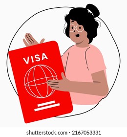 Flat vector Illustration of a girl holding a visa passport.