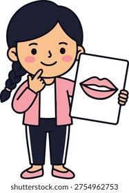Flat vector illustration of a girl holding a photo frame with lips print on it, representing beauty and photography. Solid flat colors, bold outlines, isolated on white background.