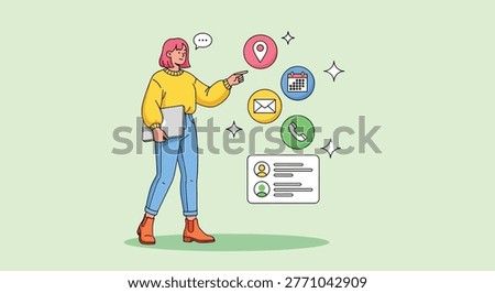 A flat vector illustration of a girl holding a laptop and pointing at floating communication icons including email phone location and contact list