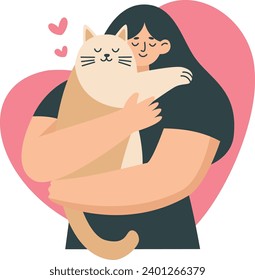 Flache Vektorgrafik. Mädchen umarmt ihre Katze. Konzept der Liebe zu Tieren und sorgfältige Haltung 