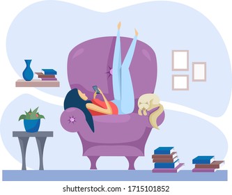 Flat vector illustration. The girl lies on a chair and deals with the phone. There are many books on the floor. Quarantine during the coronavirus pandemic, self-isolation. Stay at home.