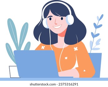 In a flat vector illustration, a girl listens to music at her desk with a laptop.