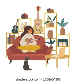 Ilustración vectorial plana de una chica mirando un monitor portátil y tocando el ukulele. El concepto de aprendizaje a distancia con música, cursos en línea