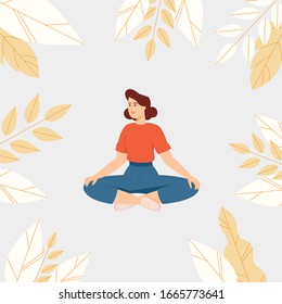 Flat vector illustration. Girl in lotus yoga poses. Healthy lifestyle and yoga concept. Vector on abstract background. Youth lifestyle. Woman relaxes. Beautiful woman with flowers around her.