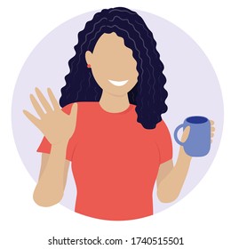 
Flat vector illustration. The girl with a mug in her hand waves "hello".
