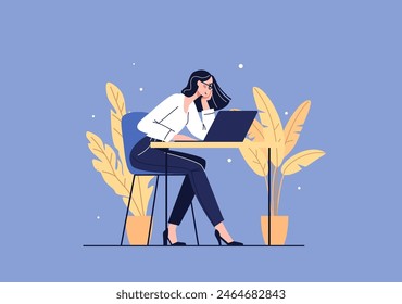 Flat vector illustration. Girl in office clothes working at laptop. 