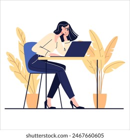 Flat vector illustration. Girl in office clothes working at laptop. 