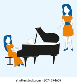 Flat vector illustration girl playing piano Orange dress