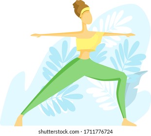 Flat vector illustration. The girl practices yoga. Warrior Pose.