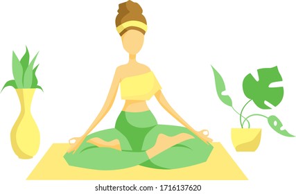 Flat vector illustration. The girl practices yoga. Lotus position. A woman practices yoga on a rug at home. Indoor flowers, monstera.