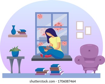 Flat vector illustration. A girl is reading a book, sitting on a window, an epidemic on the street. Quarantine, isolation, stay home.