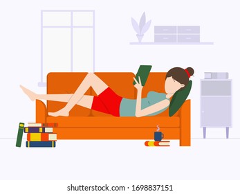 Flat vector illustration: girl reads a book while lying on a sofa. Stay at home. Reading a book at home.