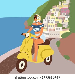 flat vector illustration of a girl riding a scooter along the Amalfi Coast. Sunny Italian summer scene with sea view, hills, and colorful buildings. Perfect for travel posters, vacation branding, and