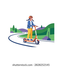 Flat vector illustration of a girl riding an orange electric scooter on a winding road through green hills and mountains