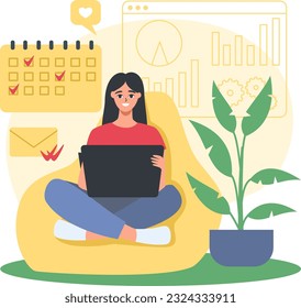 Flat vector illustration. A girl sits in a sack chair and works on her laptop.  Favorite job, happy girl. Concept of remote work, freelance, quarantine, maternity work. Time scheduling and multitaskin