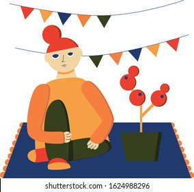 Flat vector illustration. Girl is sitting on a carpet next to the strange plant. Sad woman is boring.