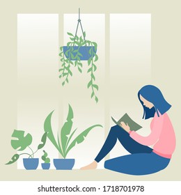 Flat vector illustration. The girl is sitting near the window and reading books. Around a lot of indoor plants. Quarantine isolation, coronavirus pandemic, home hobby.