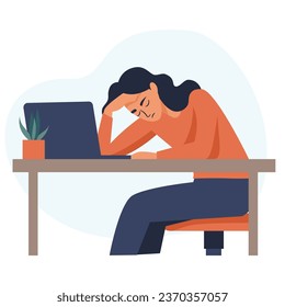 Flat vector illustration. girl sitting at the computer holding her head, headache, burnout at work, depression