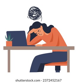 Flat vector illustration. girl sitting at the computer holding her head, headache, burnout at work, depression