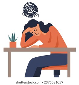 Flat vector illustration. Girl sitting at a table holding her head. Depression and burnout, postpartum depression, head blole