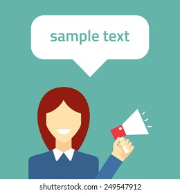 Flat vector illustration. Girl with speaker. Promotion concept