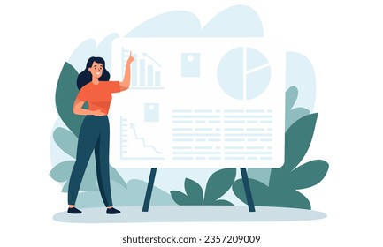Flat vector illustration. Girl standing in front of a large banner and giving a presentation.