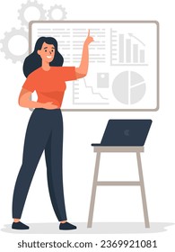 Ilustración vectorial plana. Niña parada frente a una gran pancarta y dando una presentación.