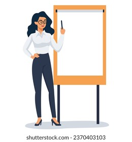 Flat vector illustration. Girl standing in front of a large banner and giving a presentation. There is space for your text on the banner. 