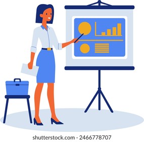 Flat vector illustration. Girl standing in front of a flip chart and giving a presentation.